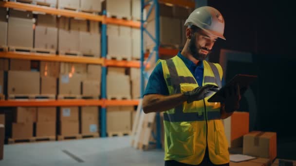 Portrait Warehouse Worker Using Tablet — Stock Video