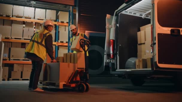 Empleados de almacén cargando vehículo Van — Vídeos de Stock