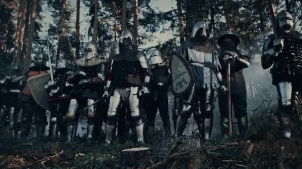 Группа средневековых воинов-ножей в лесу — стоковое видео