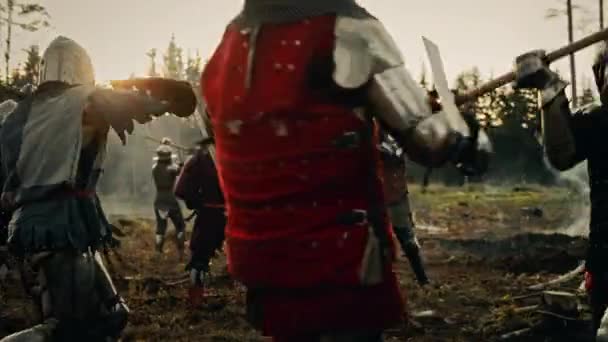 Chevaliers guerriers se battent avec des épées sur le champ de bataille — Video