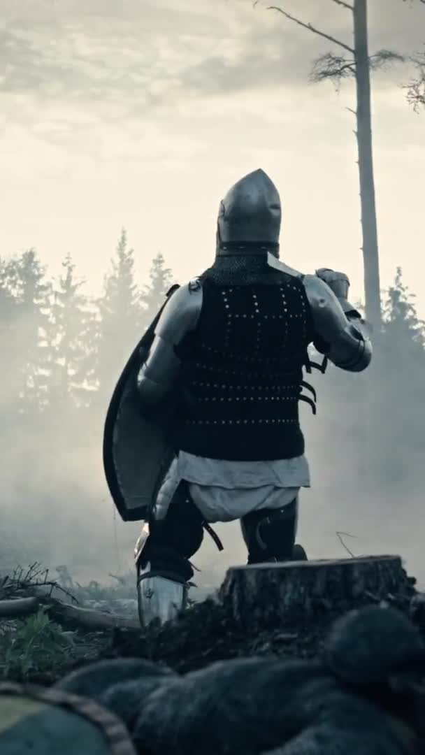Vertikal skärm riddare krigare i skogen — Stockvideo