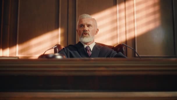 Суддя у залі судового засідання з ударом гаммера — стокове відео