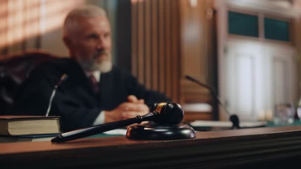 Суддя у залі судового засідання з ударом гаммера — стокове відео
