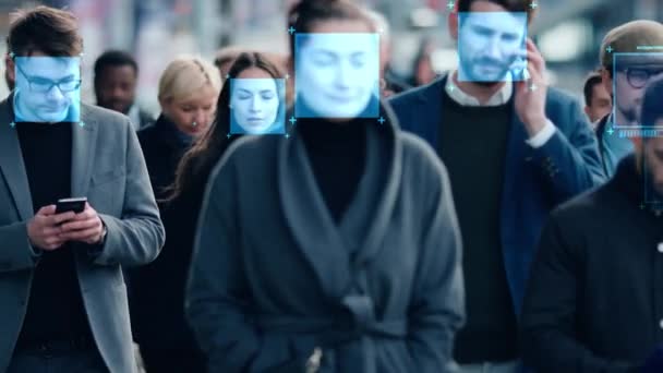 Software de reconocimiento facial Trabajando en Business Street — Vídeos de Stock