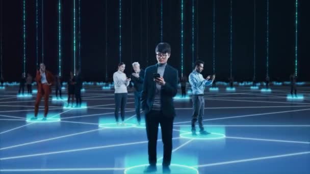 Virtual Reality Concept med nätverk av människor som använder teknik — Stockvideo