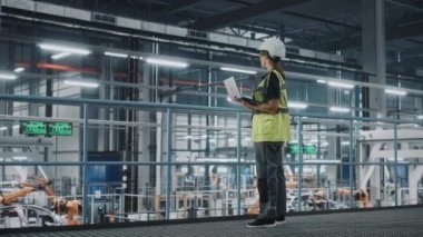 Araba fabrikasında dizüstü bilgisayarı olan kadın mühendis.