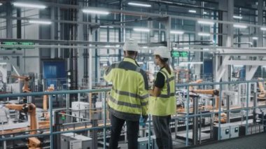 Otomotiv mühendisleri araba fabrikasında dizüstü bilgisayar kullanıyor.