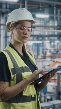 Araba Fabrikasında Tabletli Dikey Portre Mühendisi