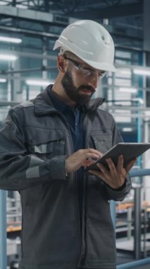 Dikey Portre Mühendisi Otomobil Fabrikasında Tablet üzerinde çalışıyor