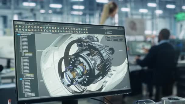 3D Engine Prototype på datorskärm bilfabrik — Stockvideo