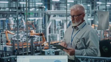 Otomobil Fabrikasında Erkek Mühendis Tablet Bilgisayar Kullanıyor