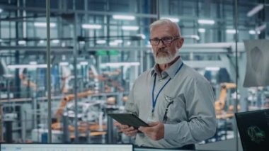Otomobil Fabrikasında Erkek Mühendis Tablet Bilgisayar Kullanıyor