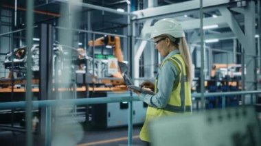 Mühendis araba fabrikasında dizüstü bilgisayar kullan