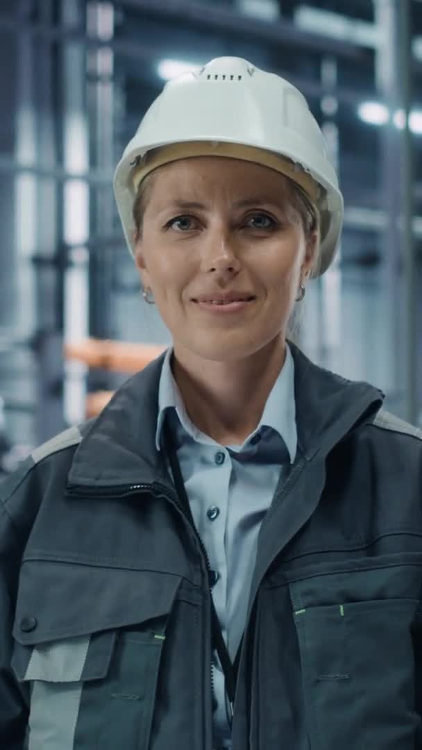 Kvinnlig ingenjör porträttfabrik Vertikal skärm — Stockvideo