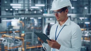 Araba fabrikasında Tablet Bilgisayar üzerinde çalışan bir mühendis.