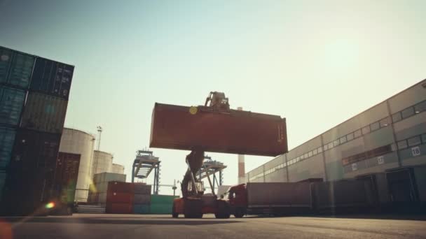 Βιομηχανική μηχανή VFX Crane στον τερματικό σταθμό εμπορευματοκιβωτίων — Αρχείο Βίντεο