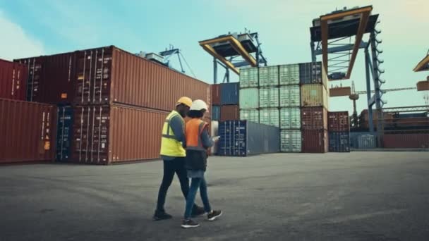 Industriële ingenieurs VFX-kranen in containerterminal — Stockvideo