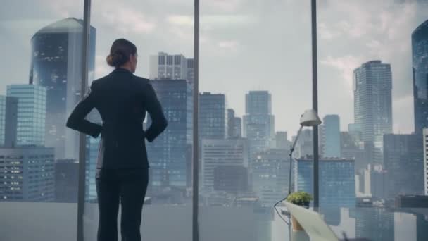 Бізнес-леді у вікні офісу — стокове відео