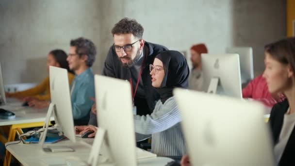 Lehrer mit verschiedenen Studenten Informatikunterricht — Stockvideo