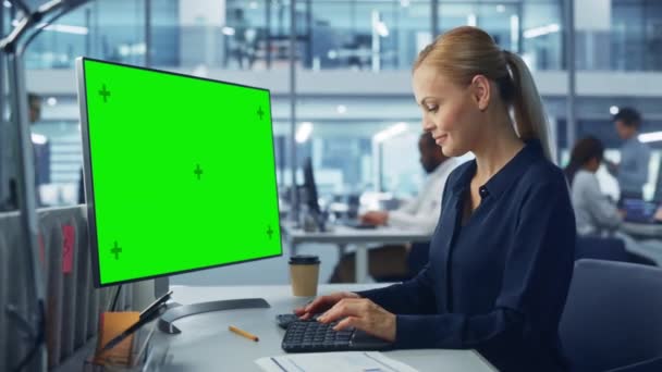 Empresaria en Oficina Trabajando con Computadora de Pantalla Verde — Vídeos de Stock