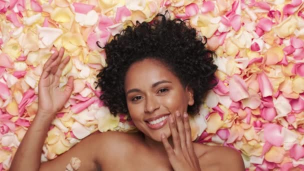 Close Up Black Beauty Model Portrait in Flowers — Stock Video
