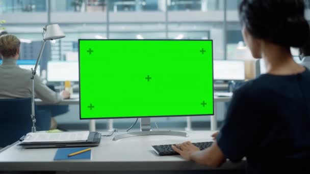 Менеджер з бізнесу працює над комп "ютером з зеленим екраном — стокове відео