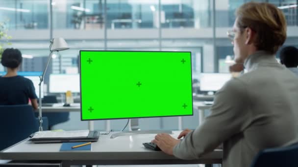 Gerente de negócios trabalhando no computador com tela verde — Vídeo de Stock