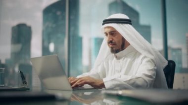Saudi Emirati Arab Businessman Work Laptop Computer