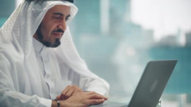 Saudi Emirati Arab Businessman Work Laptop Computer