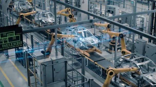 Information Lines Robotic Automatic Car Manufacturing Factory Conveyor — Stock Video
