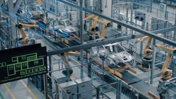 Information Lines Robotic Automatic Car Manufacturing Factory Conveyo — Stock video