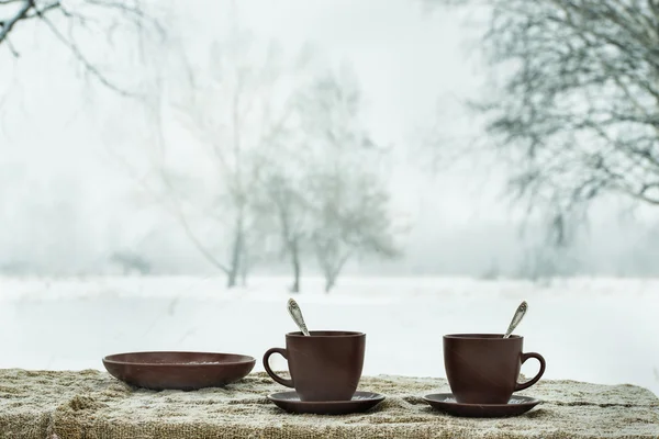 Две чашки чая на фоне зимнего пейзажа — стоковое фото