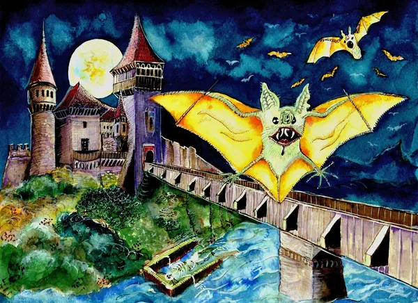 Пейзаж Хэллоуина с летучими мышами и Трансильванский замок — стоковое фото