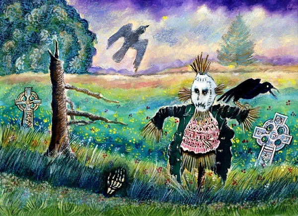 Halloween veld met grappige scarecrow skelet hand en kraaien — Stockfoto