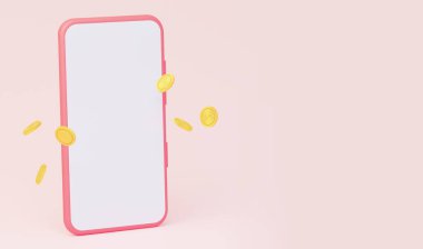 Boş beyaz ekranı ve uçan paraları olan bir cep telefonu modeli.