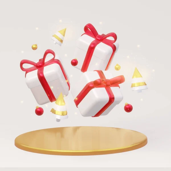 Magiczne noworoczne i świąteczne prezenty z zabawkami choinkowymi. 3d renderowanie — Zdjęcie stockowe
