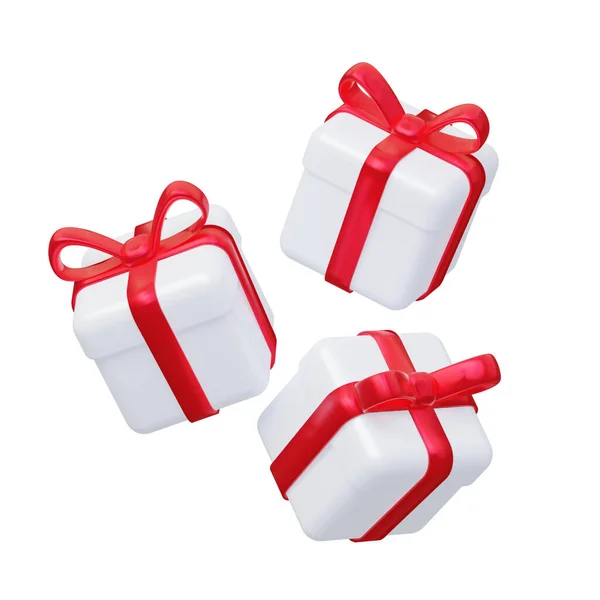 Három Fehér Ajándék Piros Masnival Elszigetelve Fehér Háttérrel Karácsonyi Újévi — Stock Fotó