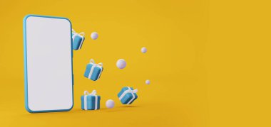 Akıllı telefon maketi. Cep telefonu çerçevesi boş ekran ve parlak sarı arka planda düşen hediyeler. 3d oluşturma.