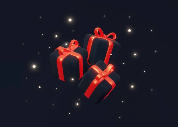 Drei Weihnachtsgeschenke Mit Roten Schleifen Auf Dunklem Hintergrund Mit Funkelnden — Stockfoto