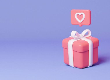 Kalp gibi bir ikona sahip pembe bir hediye. Basit asgari tasarım. 3d oluşturma.