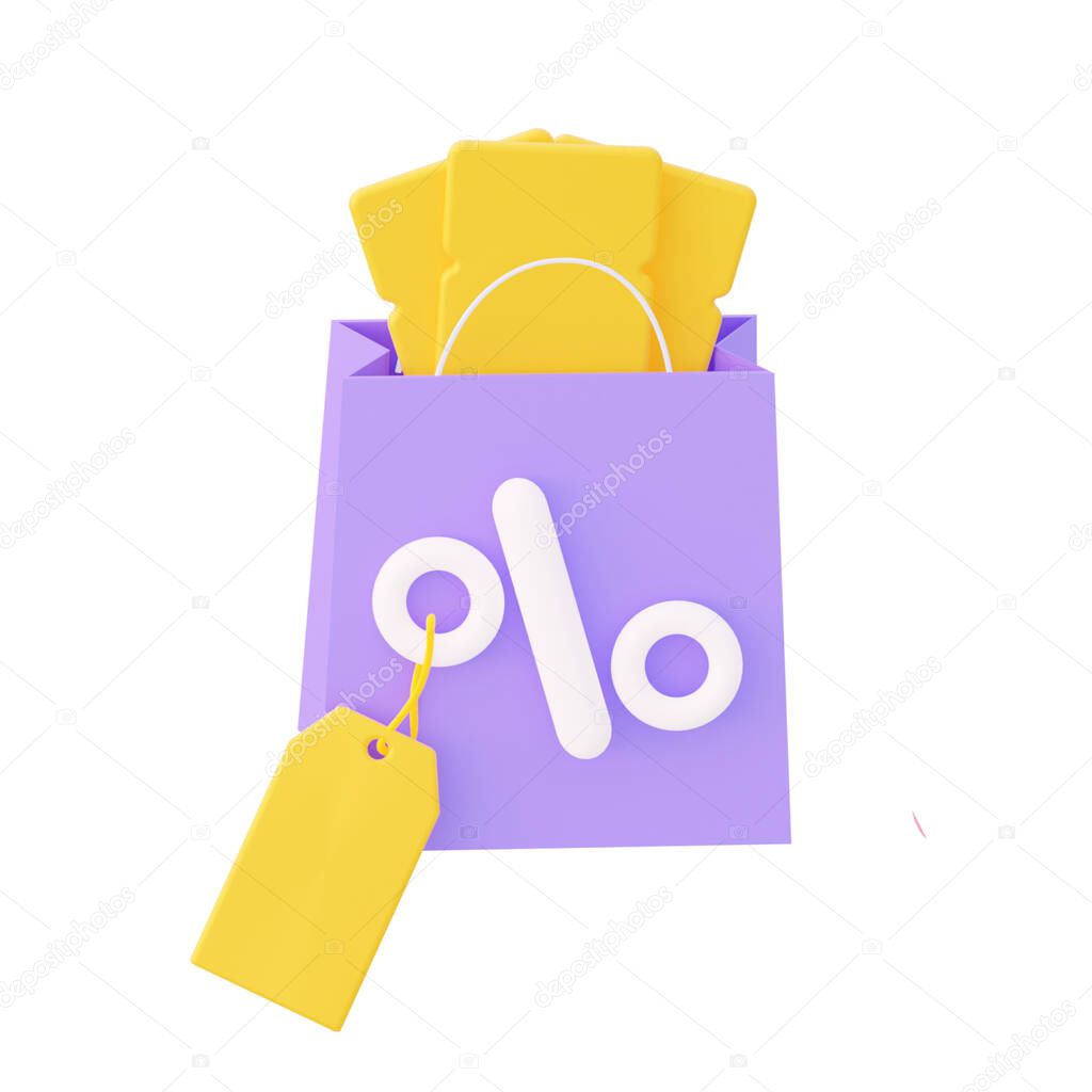 Purple package with percent and yellow coupons and price label. 3d rendering
