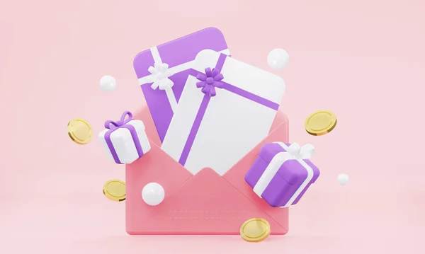 Una Carta Abierta Con Tarjetas Regalo Regalos Voladores Monedas Concepto — Foto de Stock