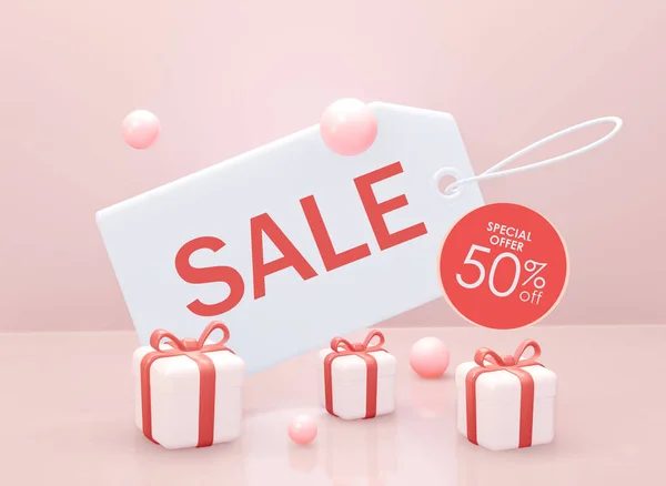 Sale banner with 50 percent off . Label with gifts. 3d rendering. — Stock Photo, Image