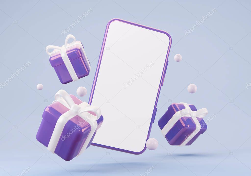 Flying gifts with a mobile phone mockup. 3d rendering