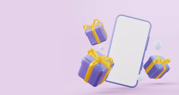 Blue Flying geschenken met gele strikken met een mobiele telefoon mockup, met een leeg wit scherm. 3d destructie — Stockfoto