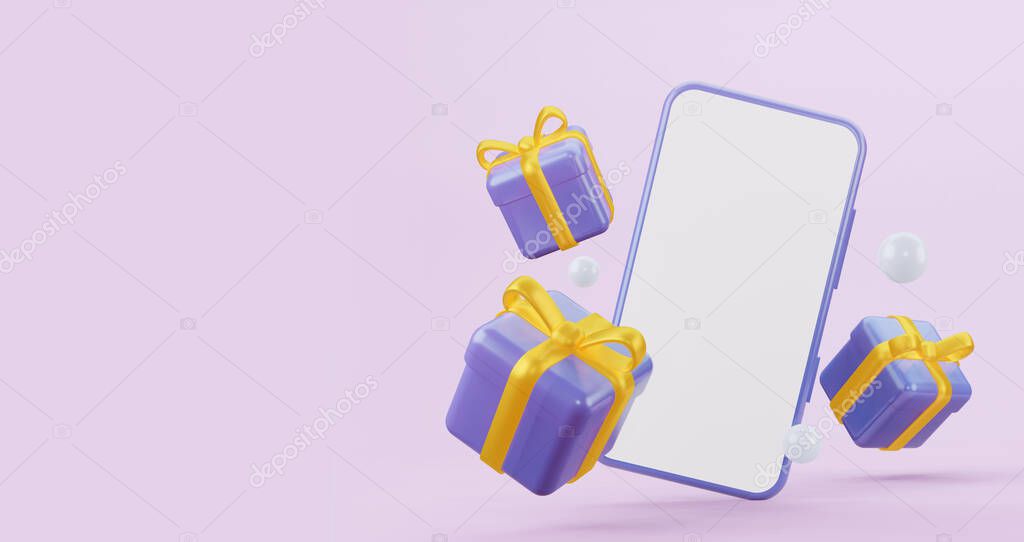 Blue Flying gifts with yellow bows with a mobile phone mockup, with an empty white screen. 3d rendering