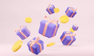 Üç boyutlu hediyeler ve madeni paraların arka planı. İnternetten alışveriş için. Çeşitli etkinlikler için kelepir alışveriş. 3d hazırlayıcı