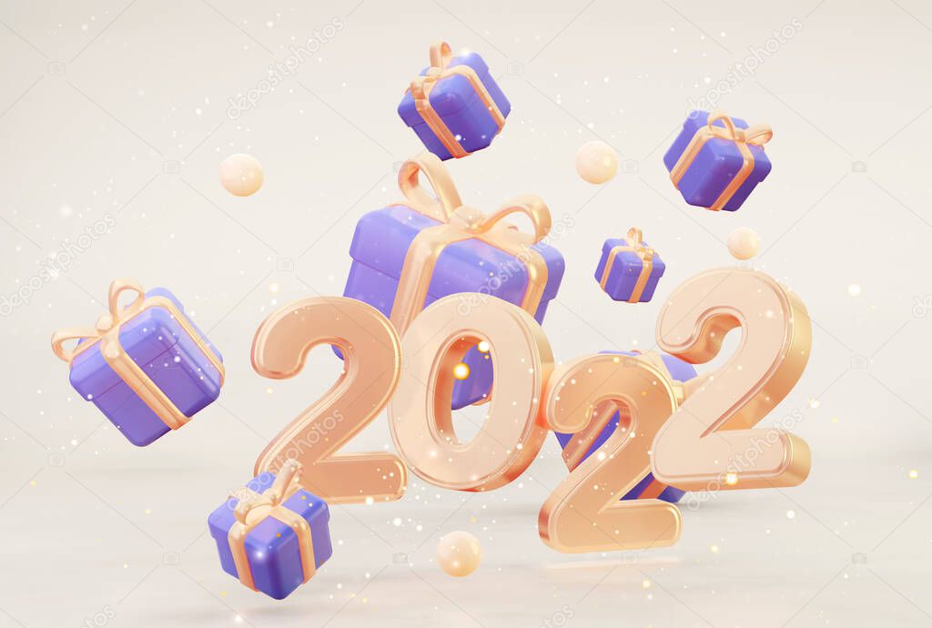 Happy New Year card 2022 with flying gifts. 3d rendering
