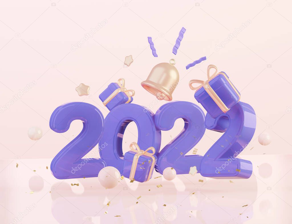 Notification with the year 2022, gifts and flying gifts. The concept of New Year and Christmas.