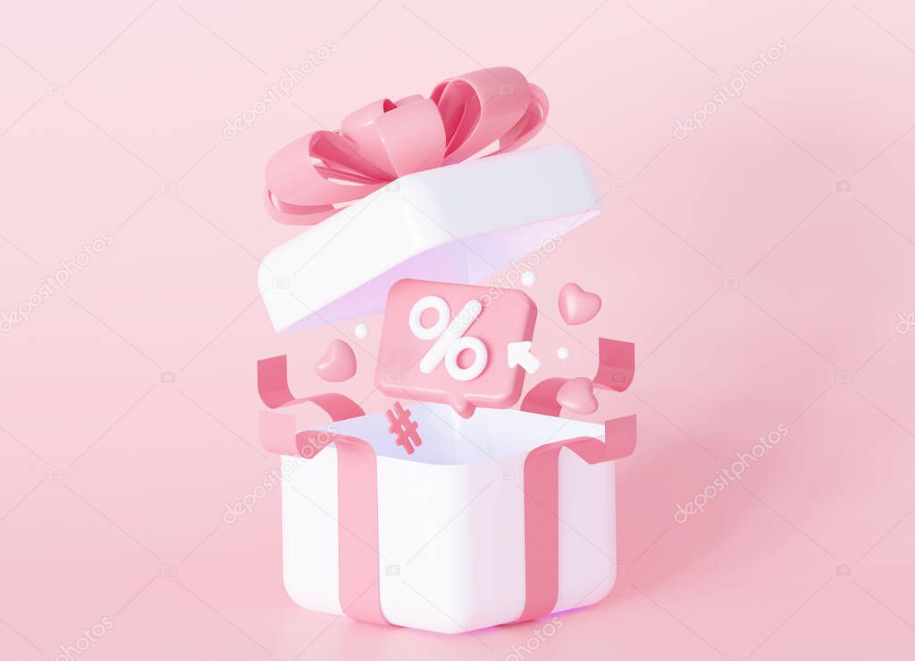 Profitable gifts for a romantic or Valentines day. An open gift with hearts and a percentage. Online sale. 3d rendering